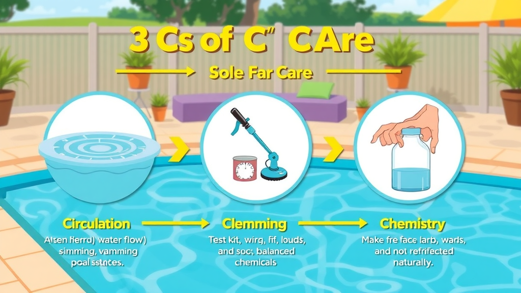 diagram of the 3 C's of pool care: circulation, cleaning, chemistry, for San Diego pool owners, pool maintenance essentials illustration