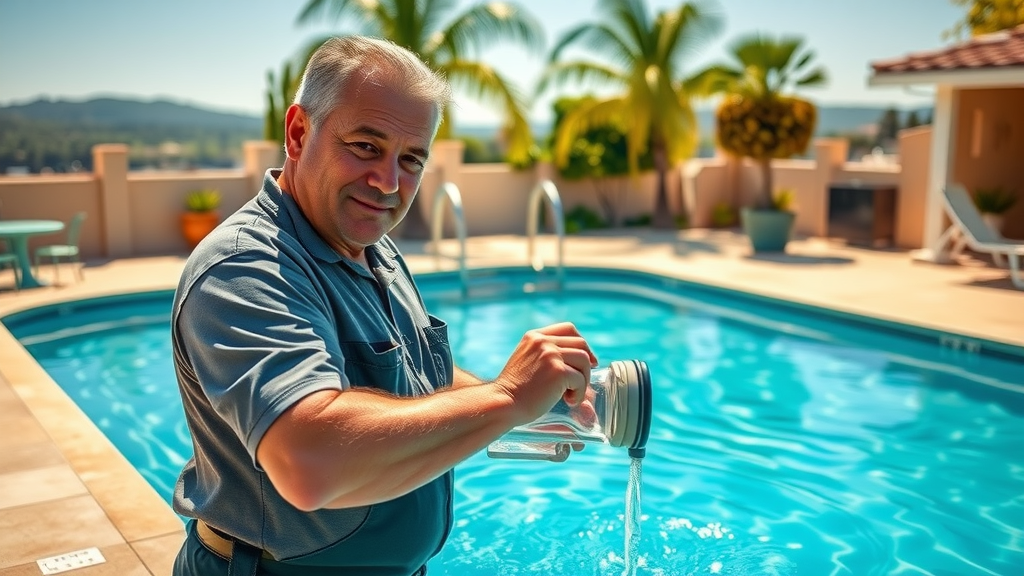 Pool technician balancing chemicals for pool cleaning San Diego