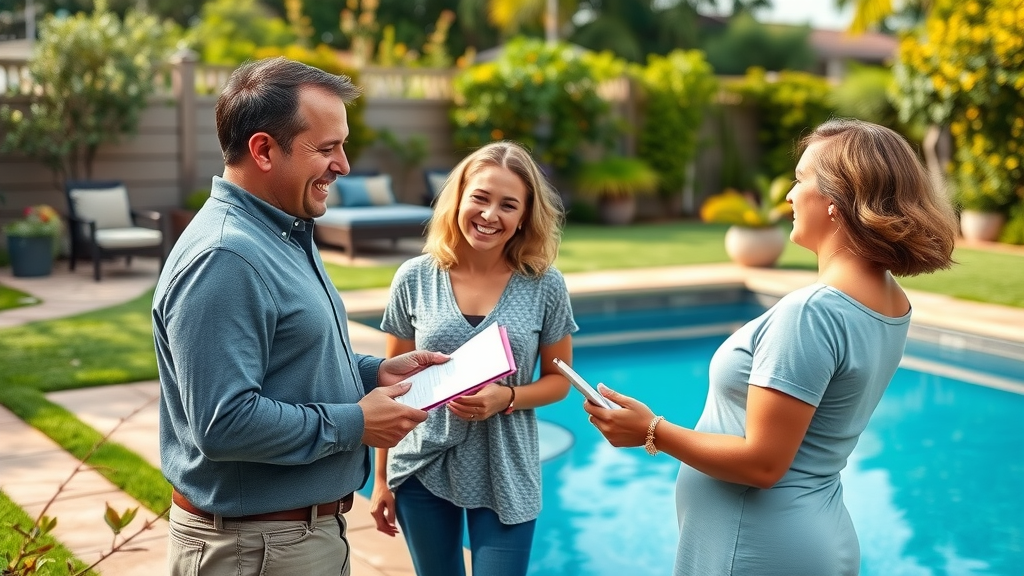 Pool expert consulting San Diego family on pool cleaning solutions